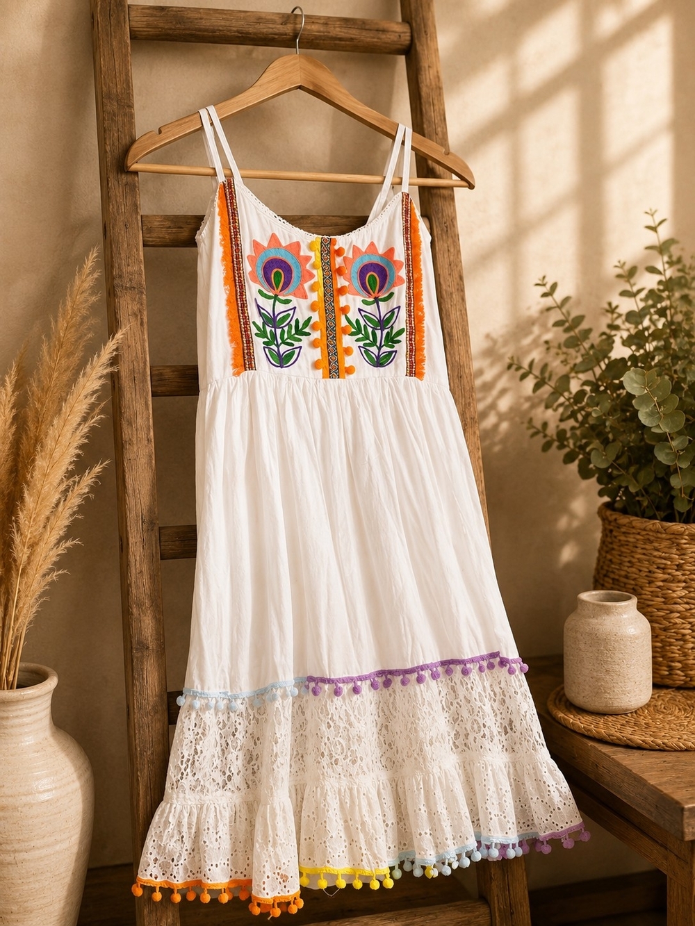 White Embroidered Midi Dress with Colorful Pom Trim
